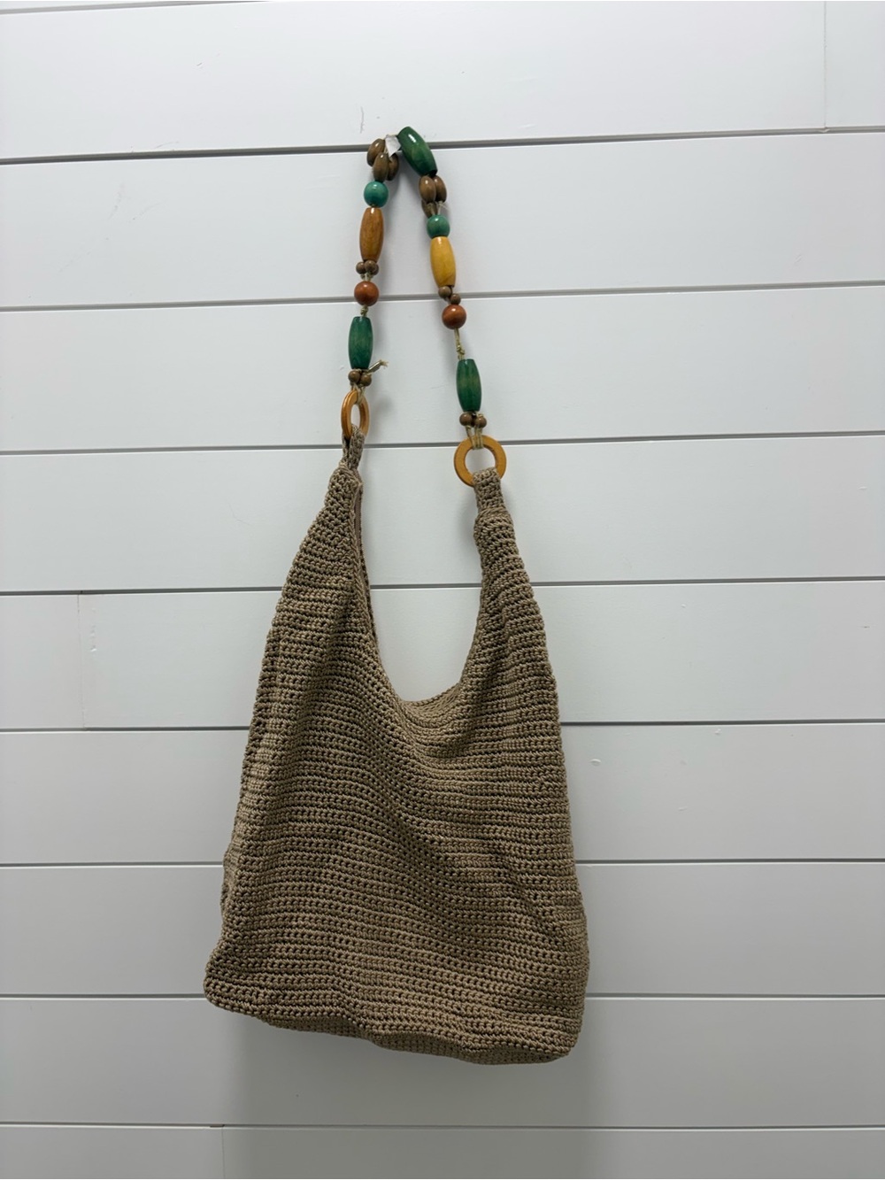 Boho Crochet Hobo Bag with Beaded Strap - Tan